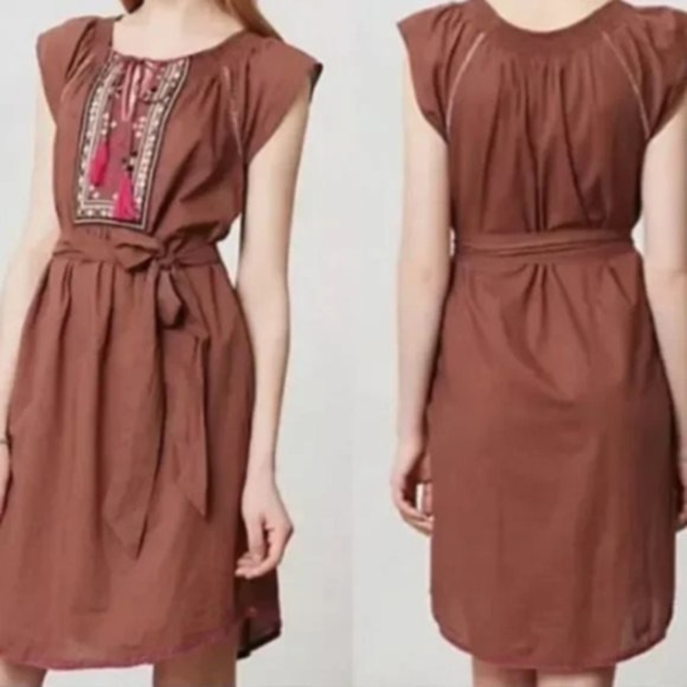 Anthropologie MAEVE Marbella Dress Brown Tunic Tie Neck Sequin Bib, Size 2